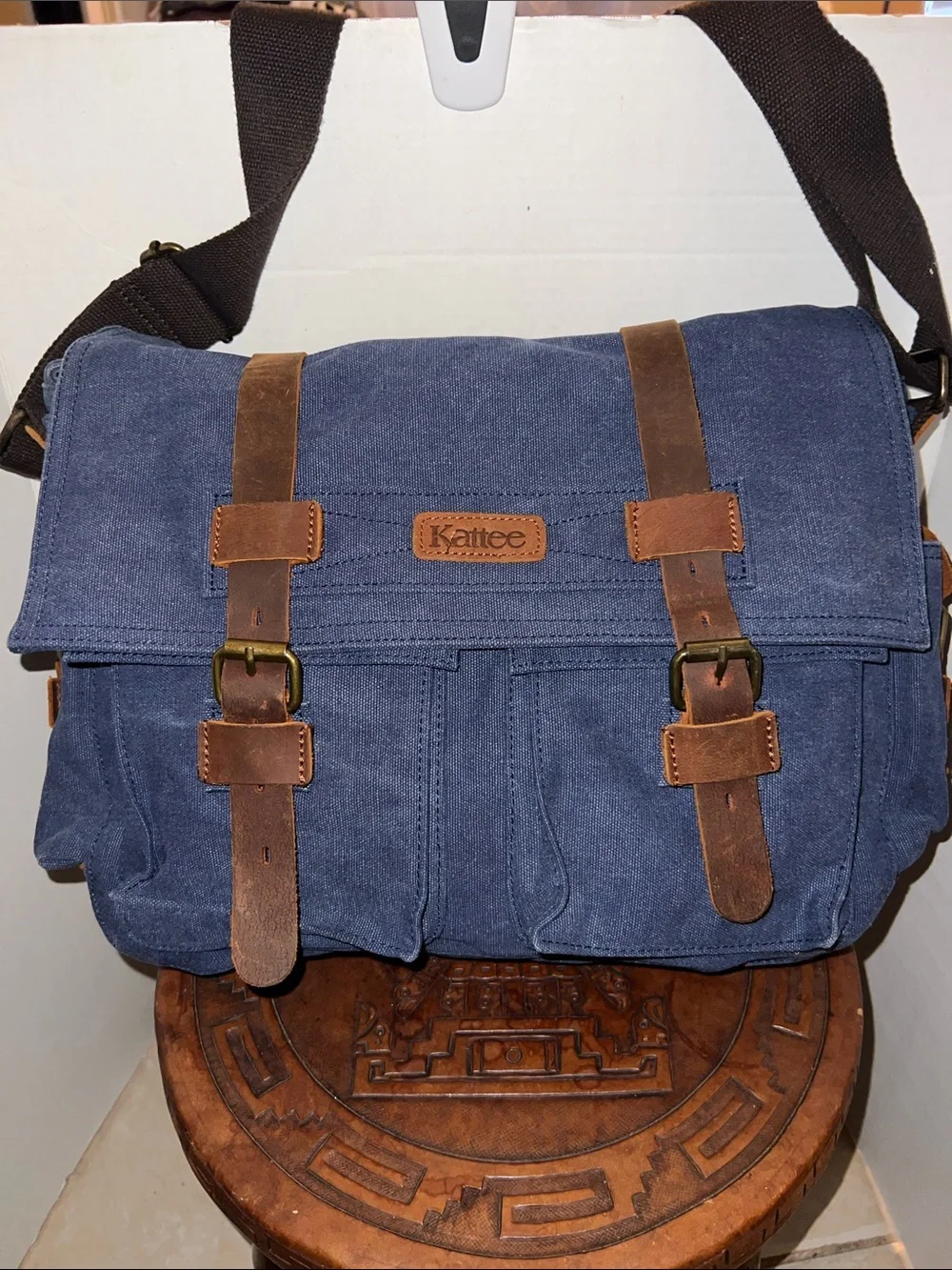 Large Navy Canvas Messenger Bag with Brown Leather Trim by Kattee